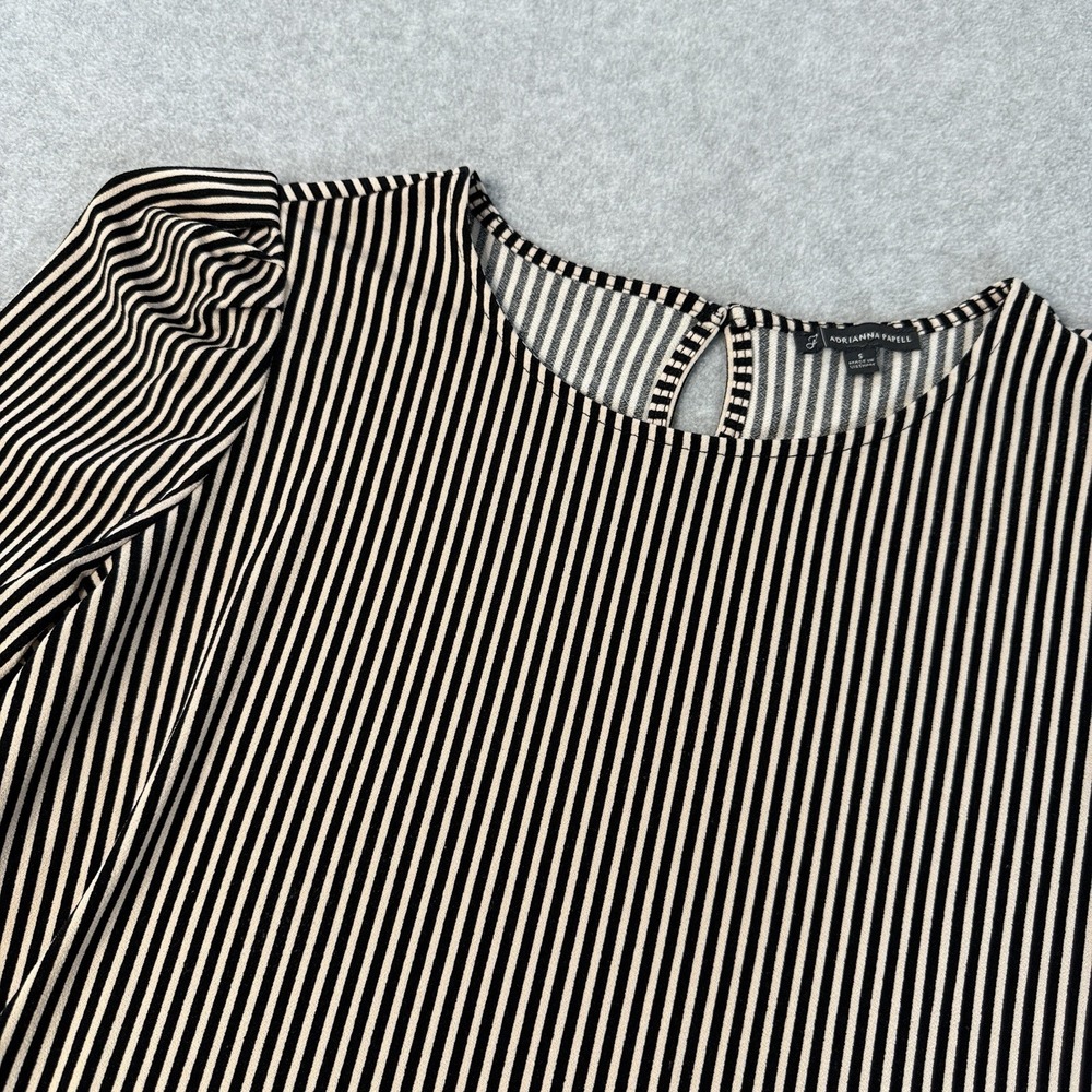 Adrianna‎ Papell Small Striped Blouse Black Cream Puff Sleeve Keyhole Top